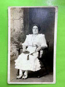 Portrait Woman Studio Dress Fashion Glasses School Marm Real Photo Postcard RPPC