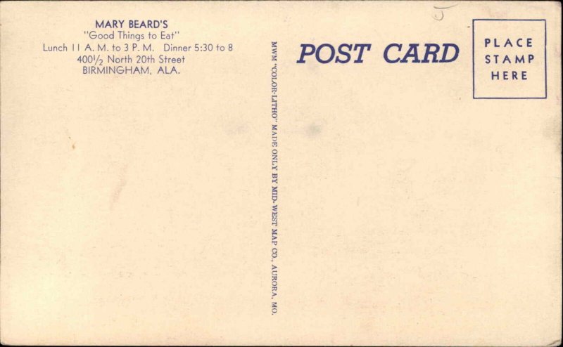 Birmingham AL Mary Beard's Linen Restaurant Postcard