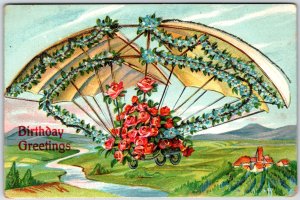 Pink and Blue Floral Covered Paraglider Birthday Greetings - Vintage Postcard