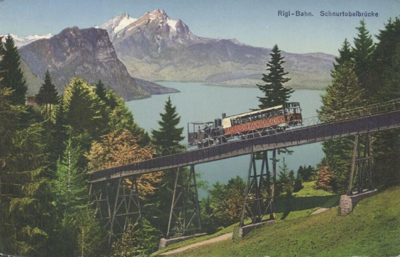 switzerland, Vitznau-Rigi-Bahn Mountain Rack Railway, Schnurtobelbrücke (1910s)