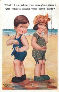 Humor comic caricature postcard children at the beach swimsuit innocence