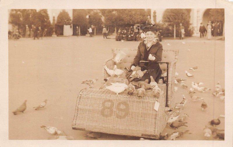 SAN DIEGO~PANAMA CALIFORNIA EXPOSITION-WOMAN PIGEON ON HEAD~REAL PHOTO POSTCARD