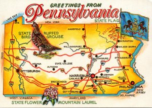 Pennsylvania Greetings With Map and State Flag Bird and Flower