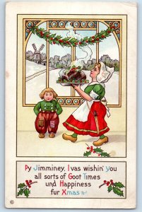 Christmas Dutch Maid Serving Hot Mutton Pie And Holly Berries Embossed Postcard