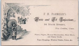 1880s F  H Parmelee Music & Art Emporium Pianos New London CT Business Card Ad
