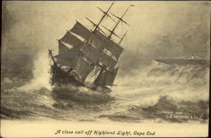 Cape Cod Highland Lighthouse & Schooner Ship in Storm 1906 Postcard