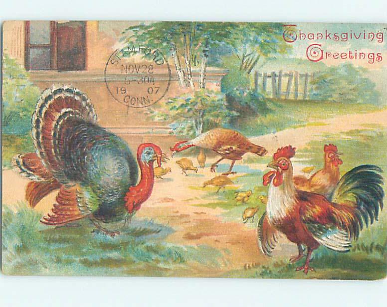Pre-Linen thanksgiving COLORFUL ROOSTER MEETS TURKEY IN THE BARNYARD HQ7510