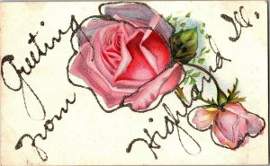 Greetings from Highland IL Rose Glitter Embossed Vintage Postcard G25