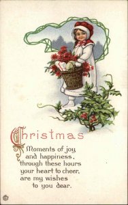 Christmas Child Girl Basket Poinsettia Embossed Stecher c1900s-20s Postcard