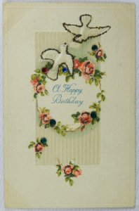 Beautiful Floral Wreath Two Doves Celebrate A Happy Birthday - Vintage Postcard