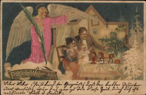 German Christmas Mom Dad Baby Angel Silk Add-On c1900 Postcard EARLY!