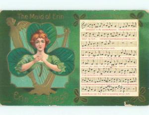 Pre-Linen st. patrick PRETTY GIRL ON LARGE SHAMROCK & SHEET MUSIC ON CARD k7887