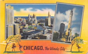 Chicago Illinois 1940s Postcard Multiview Windy City Trees Skirts Blowing