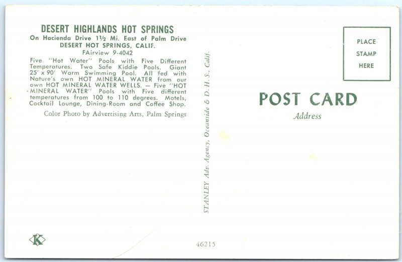 c1940s Desert Highlands, Hot Springs, CA Mineral Water Pool Postcard Cali A88