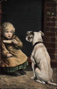 Terrier Type Dog Begs for Little Girl's Food c1910 Vintage Postcard