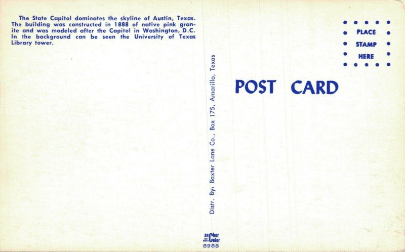 USA State Capitol of Texas Austin Skyline Vintage Postcard 07.71