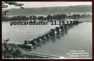 h3335 - DUBUQUE Iowa 1940s Mississippi River Locks & Dam. Real Photo Postcard