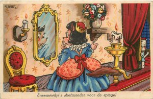 Dutch Postcard Snow White's Evil Stepmother in Front of Mirror Steen Dressed Dog