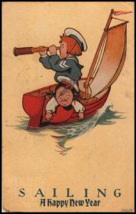 New Year postcard 1909: Sailing