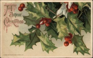 Christmas Holly Snow Gilt Embossed Winsch c1900s-20s Postcard