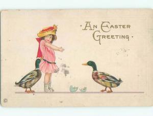 Pre-Linen easter CUTE GIRL WEARING HAT WALKS WITH MALLARD DUCKS W6840