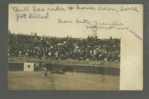 Brownsville TEXAS RP 1910 BULL FIGHT Fighting MATADOR Picador DEAD HORSE Gored