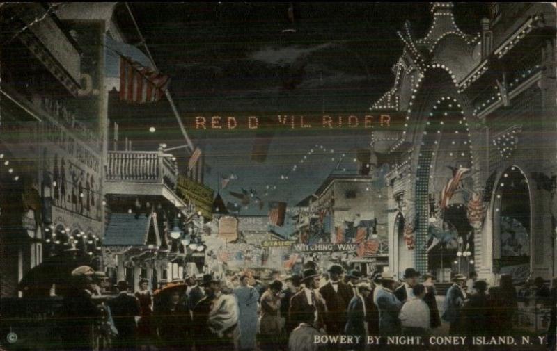 Coney Island NY The Bowery Night Scene Red Devil River c1915 Postcard