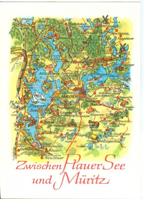 Germany, Zwischen Plauer See und Muritz, Map, unused Postcard