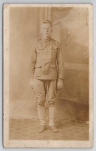 RPPC  Handsome Young WW1 US Soldier Clyde Grove Studio Photo Postcard J22