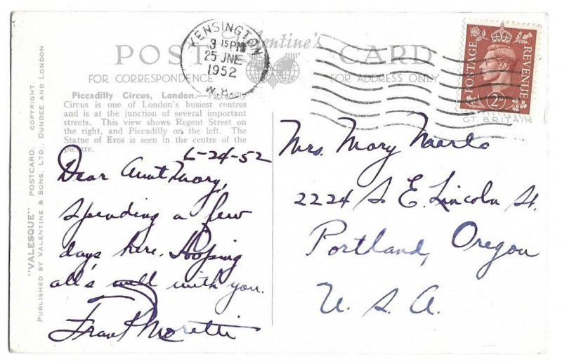 Kensington, London, England to Portland, Oregon 1952 Postcard Piccadilly Circus