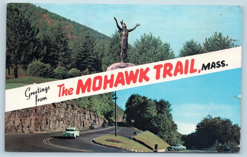 Postcard MA Banner Dual View Greetings From Mohawk Trail Mass Vintage O17