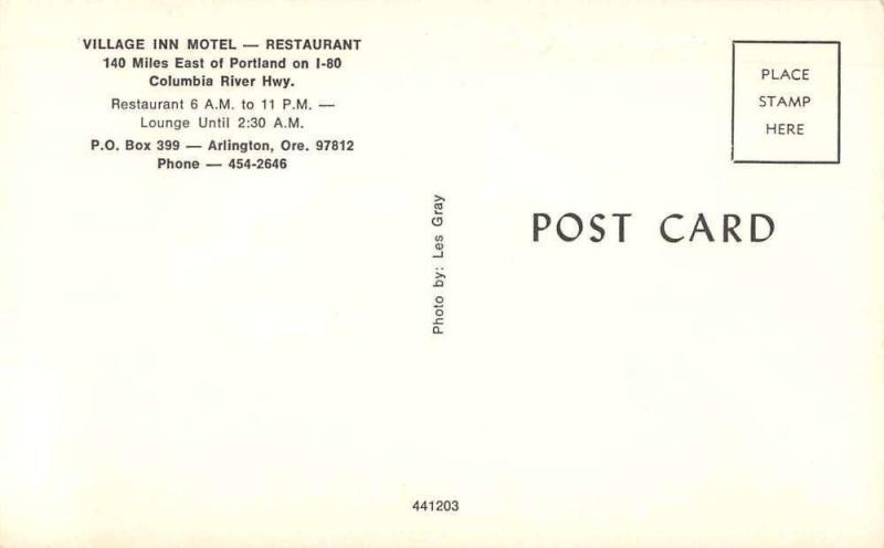 Arlington Oregon Village Inn Motel Restaurant Vintage Postcard J62065