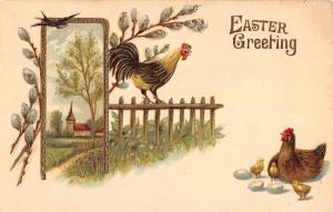 Easter Greeting rooster chicken chicks blue bird antique pc Z19698