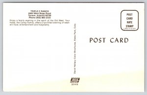 Tucson Arizona~Triple C Ranch~Sunset Scene~Lamps~Cactus~Wagon~1950s Postcard