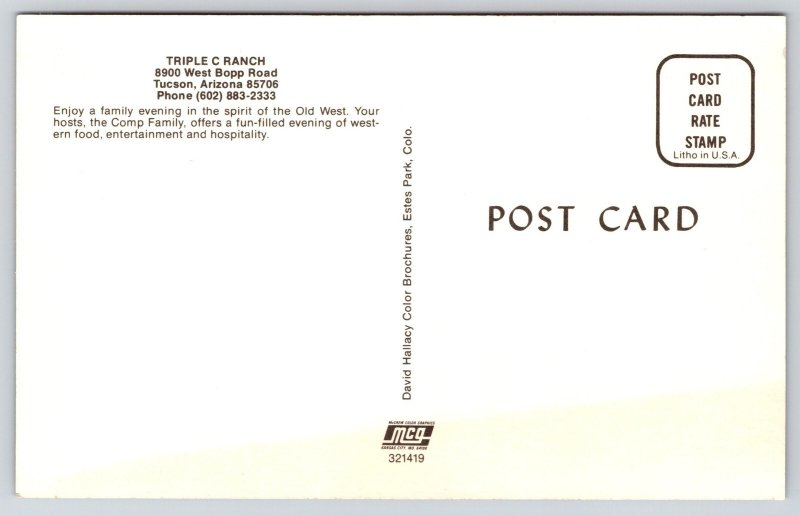 Tucson Arizona~Triple C Ranch~Sunset Scene~Lamps~Cactus~Wagon~1950s Postcard