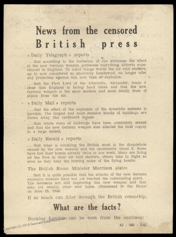 3rd Reich Germany Propaganda Rocket Leaflet V1 V2 Censored British Press S 86528