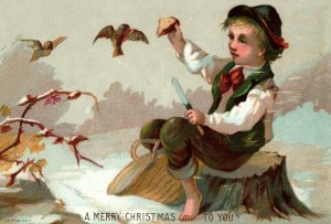 Victorian Christmas Card Holiday Boy Bread & Butter Winter Snow Birds Image P49