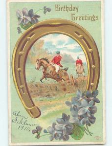 Pre-Linen HORSE AND RIDER JUMPING OVER FENCE INSIDE HORSESHOE HL6313