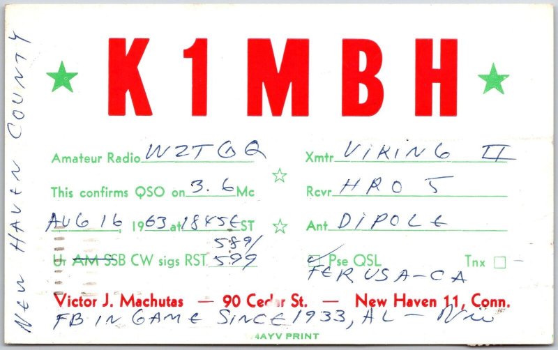 1936 QSL Radio Card Code K1MBH New Haven CT Amateur Station Posted Postcard