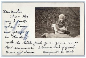 1910 Little Girl Child Playing In Dirt Pail West Swanzey NH RPPC Photo Postcard 