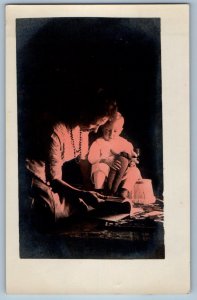 c1910's Mother And Child Bunny Doll Fireplace RPPC Photo Posted Antique Postcard