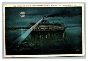 Vintage 1929 Postcard The Ferry Moonlight Between Rock Island & Davenport Iowa