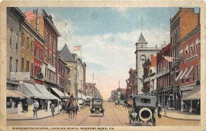 Newport News Virginia c1920 Postcard Washington Avenue Looking North Cars Stores