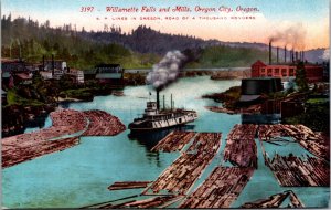 Postcard Willamette Falls and Mills in Oregon City, Oregon Lumber Mill