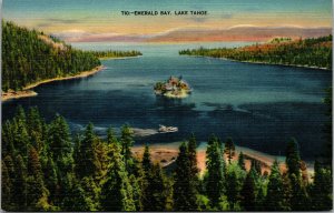 Vtg 1930s Emerald Bay Lake Tahoe California CA Unused Linen Postcard