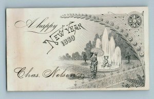 1880 New Year's Card Lovely Lady Dolphin Fish Fountain Parasol Fan Garden P161