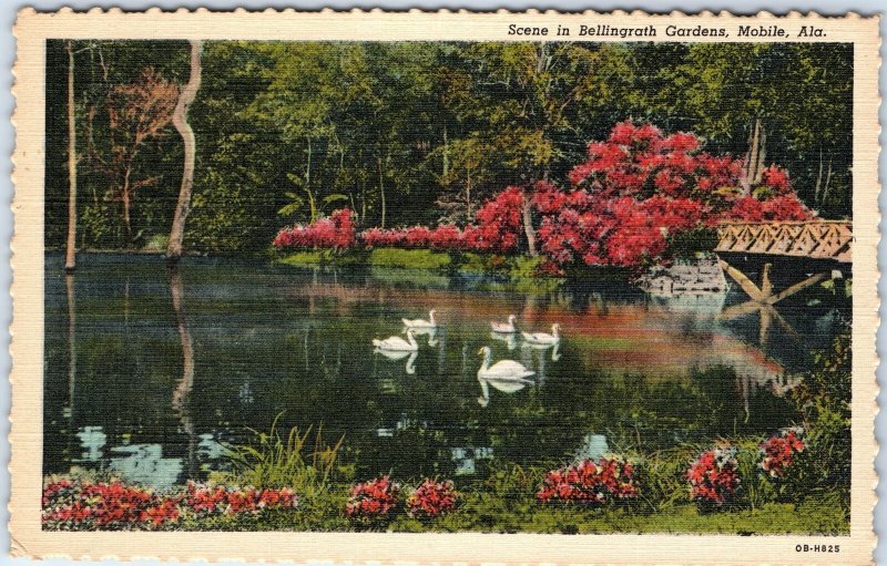 1940 Mobile, AL Bellingrath Gardens Swan Bridge Linen PC Scene Teich H825 A287