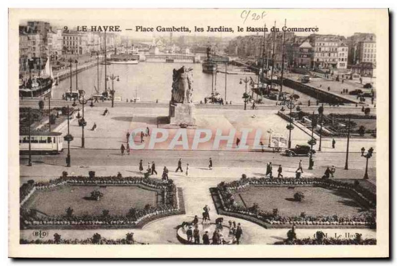 Old Postcard Le Havre Place Gambetta gardens Commerce Basin