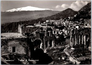 Taormina Teatro e Panorama Antique Buildings Mountains Real Photo RPPC Postcard