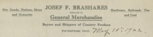 1922 ENTERPRISE OHIO JOSEF F. BRASHARES GENERAL MERCHANDISE PRODUCE LETTER 35-36